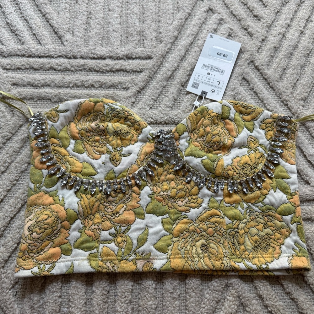 Zara Yellow Floral Embellished Crop Top